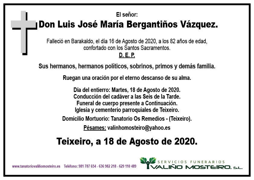 Esquela de Luis José María Bergantiños Vázquez.